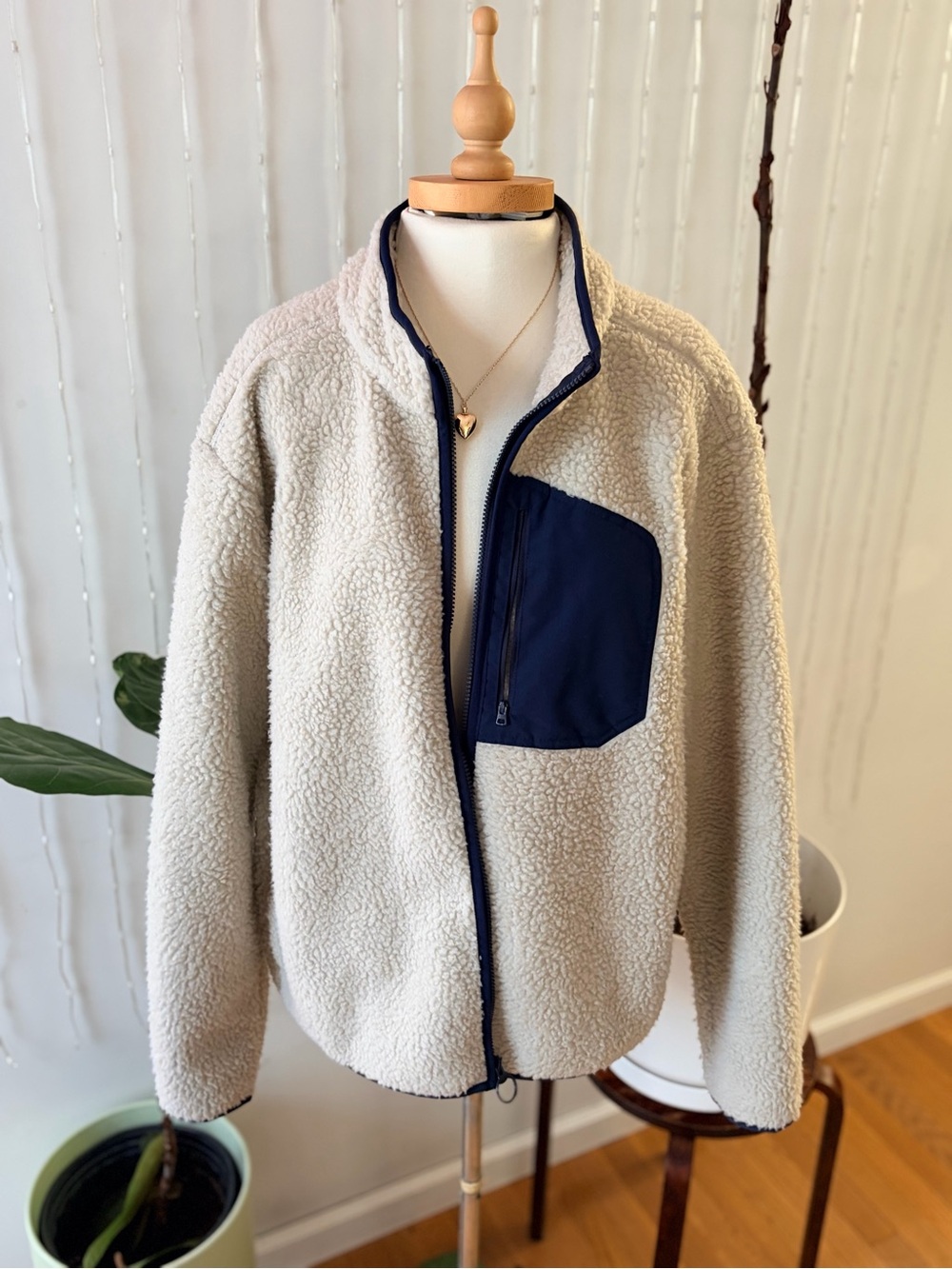 Lands End Sherpa Fleece Jacket Oyster Tan Navy Oversized XL eclectic Grandpa